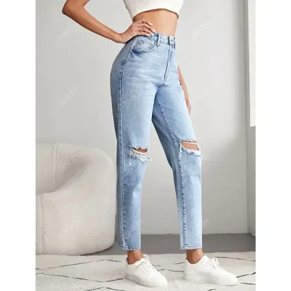 Shein Light Wash High Rise Straight Leg Mom Jeans Ripped Knee Large 30" - Picture 2 of 10